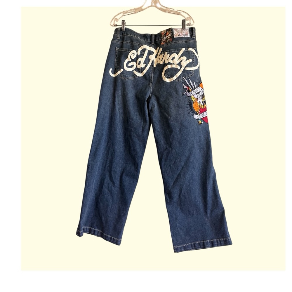 🔥NWT Y2K ED HARDY Brave heart wide leg jeans.women’s iconic denim❤️‍🔥